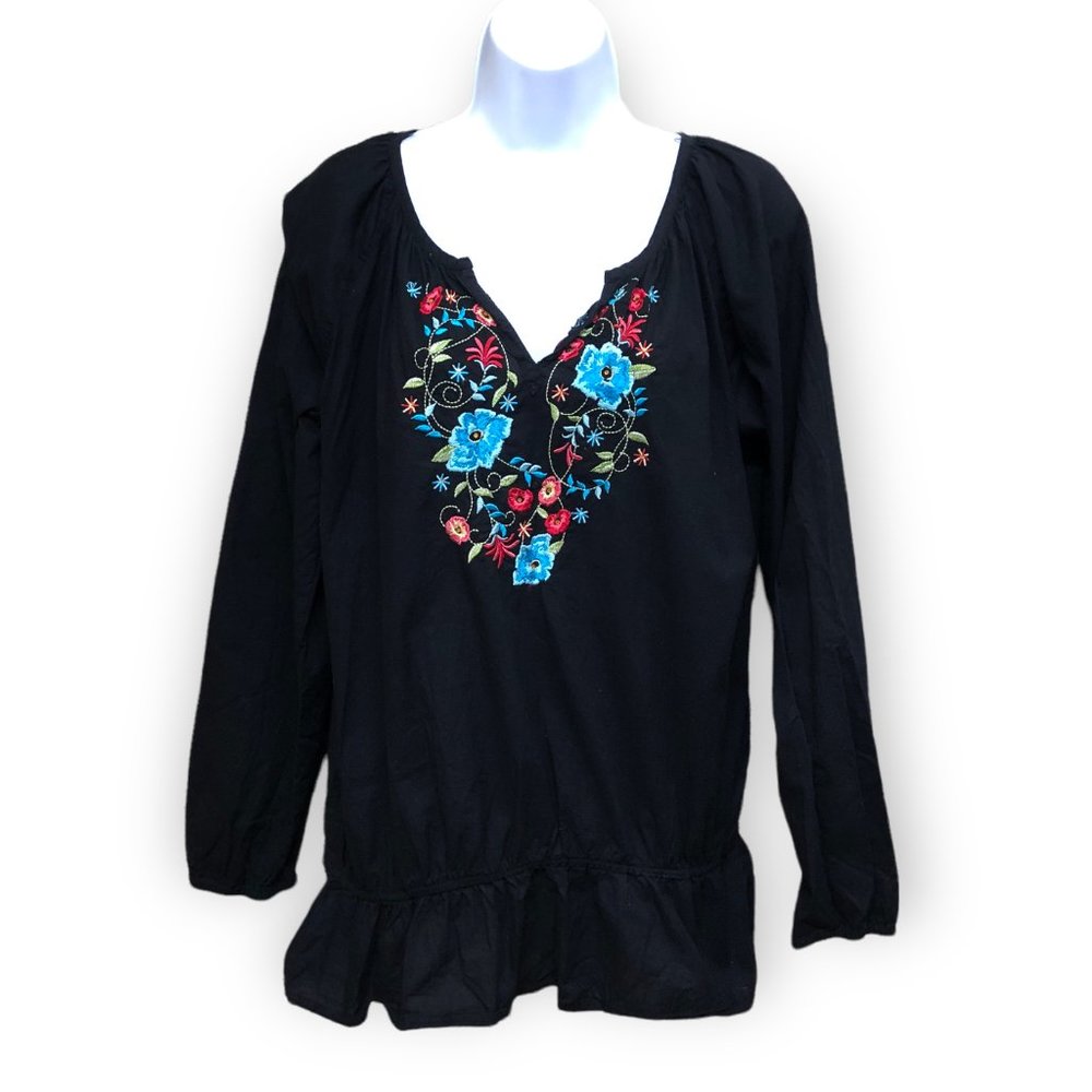 Plus Size Panhandle Slim Black Embroidered Blouse Gypsy Boho Long Sleeve Size 2X
